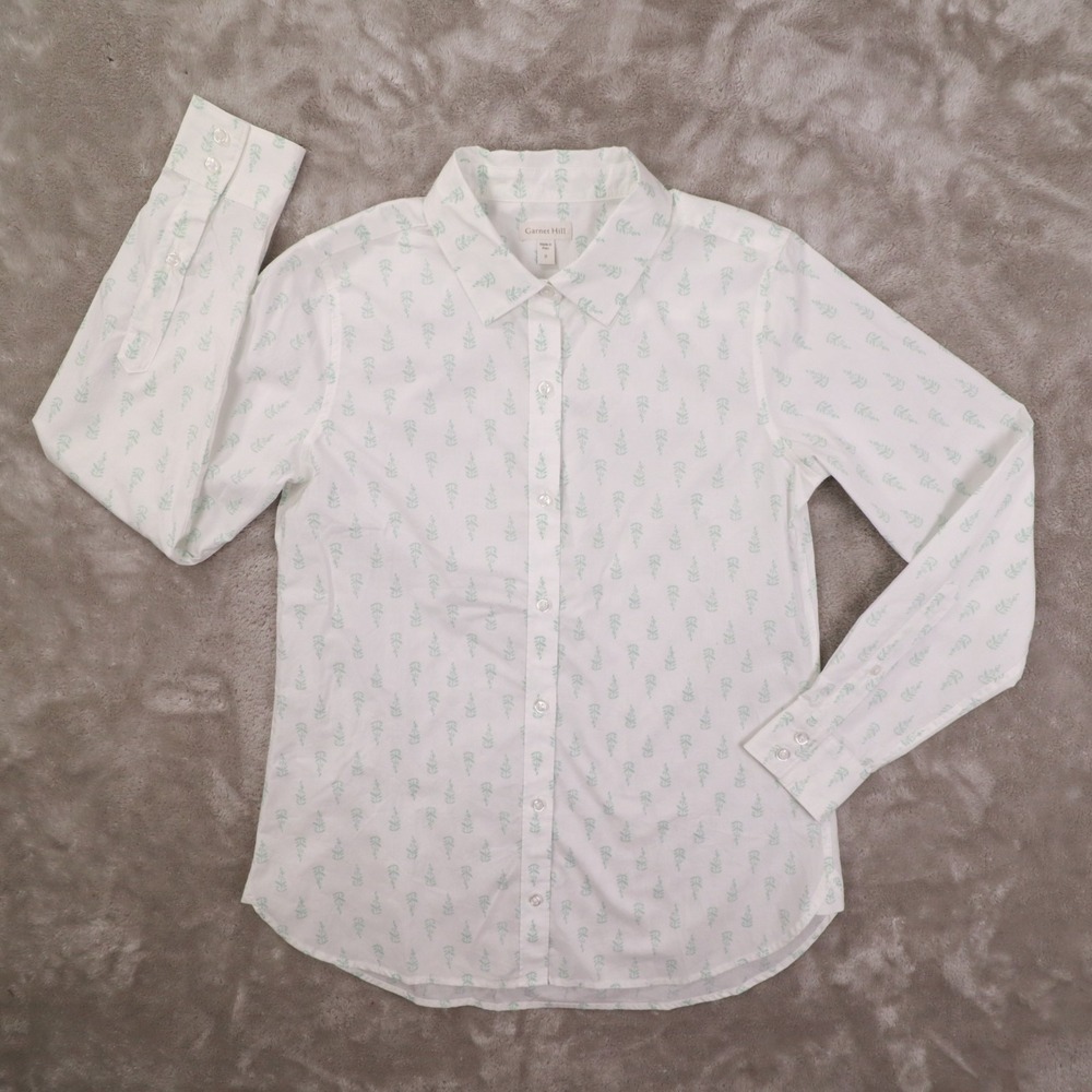 Garnet Hill Organic Pima Cotton White Printed long Sleeve Button Up Shirt size 0